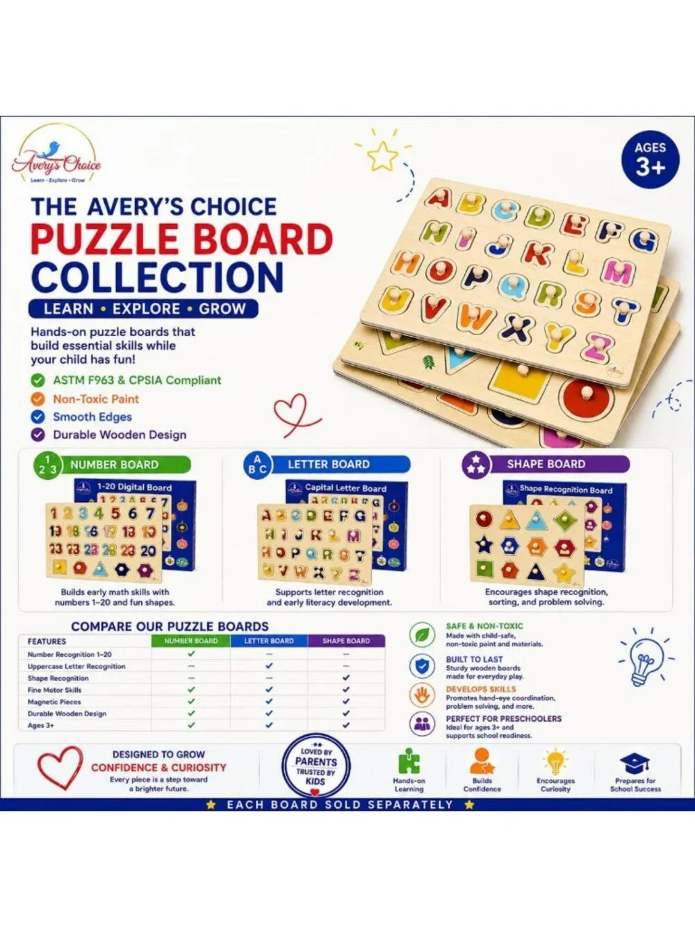 Magnetic Wooden Number & Shape Recognition Puzzle | 13 Colorful Pieces, 36